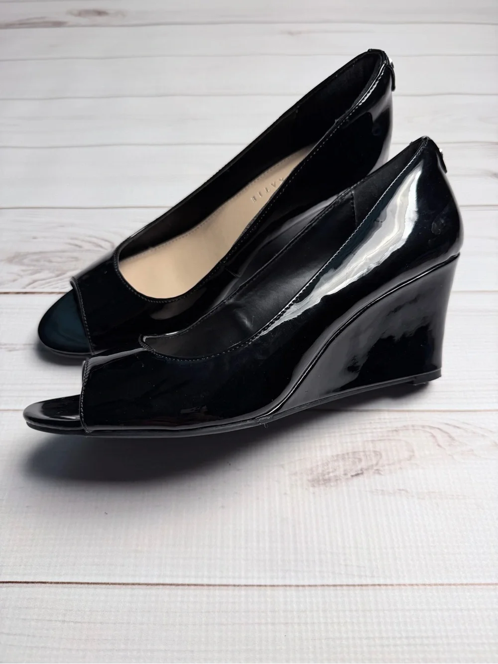 Kelly & Katie Black Patent Peep-Toe Wedge Pumps